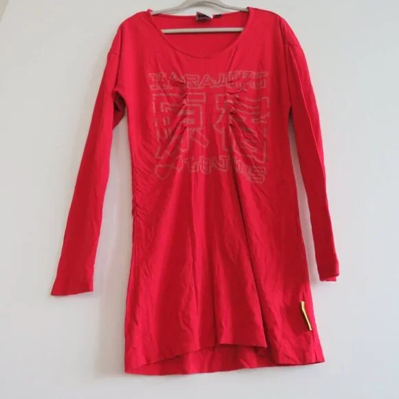 VINTAGE Y2K HARAJUKU LOVERS Red Stretch Logo Ruched Tunic Dress  - Size L - Picture 10 of 14